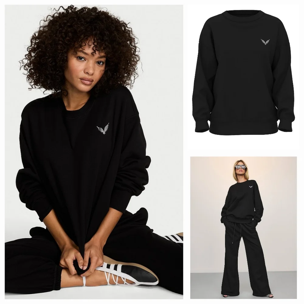 Victoria's Secret Angel Rhinestones Logo Women's Black Fleece Sweatshirt. Size M - Picture 1 of 17